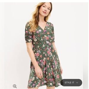 LOFT NEW Green Floral Country Garden V-Neck Empire Waist Mini Dress NWT Size 10